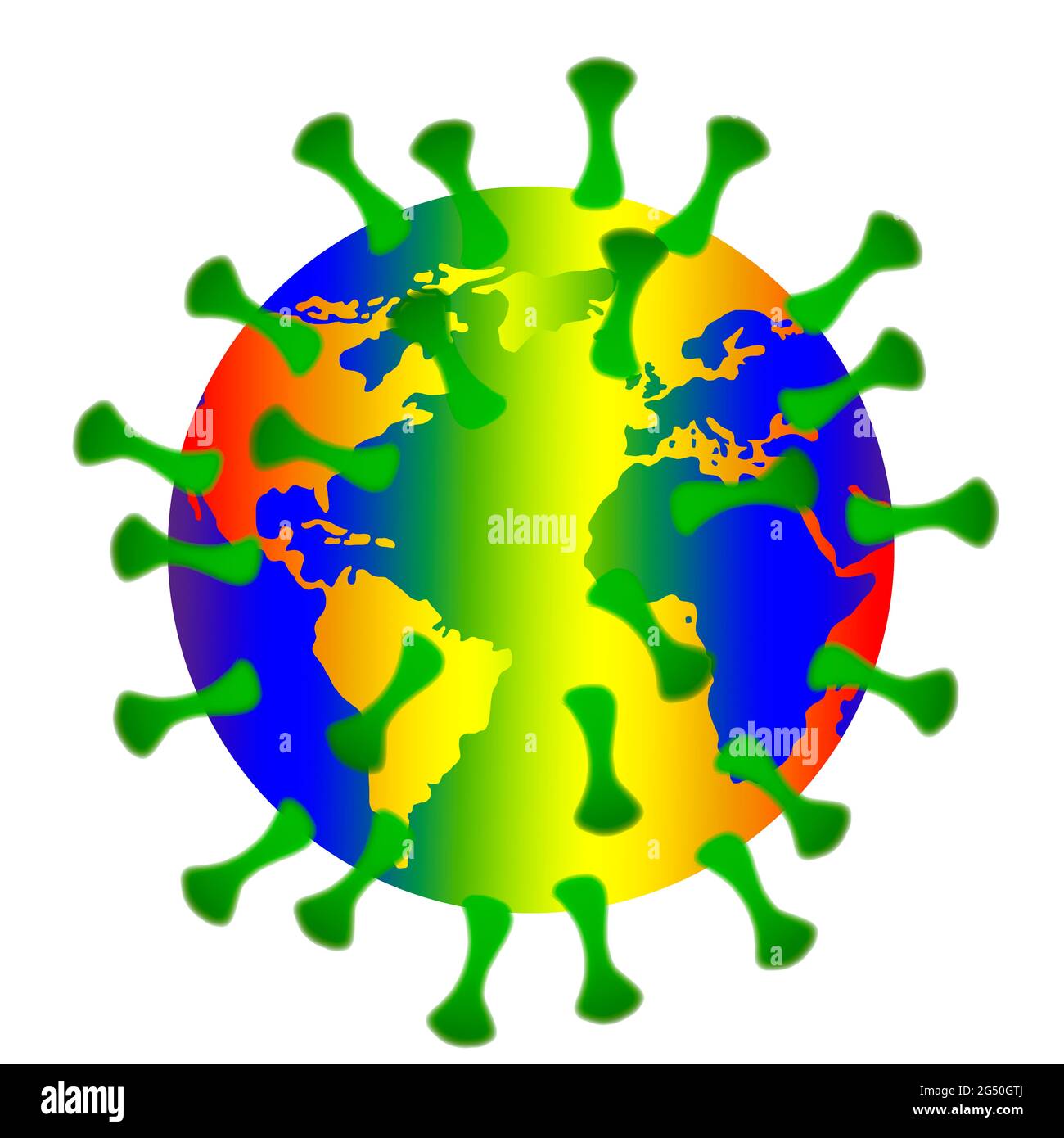 Corona Delta Virus Ilustration mit der Erde, in Regenbogen Farben - Zeichen für Toleranz und Gleichheit Foto Stock