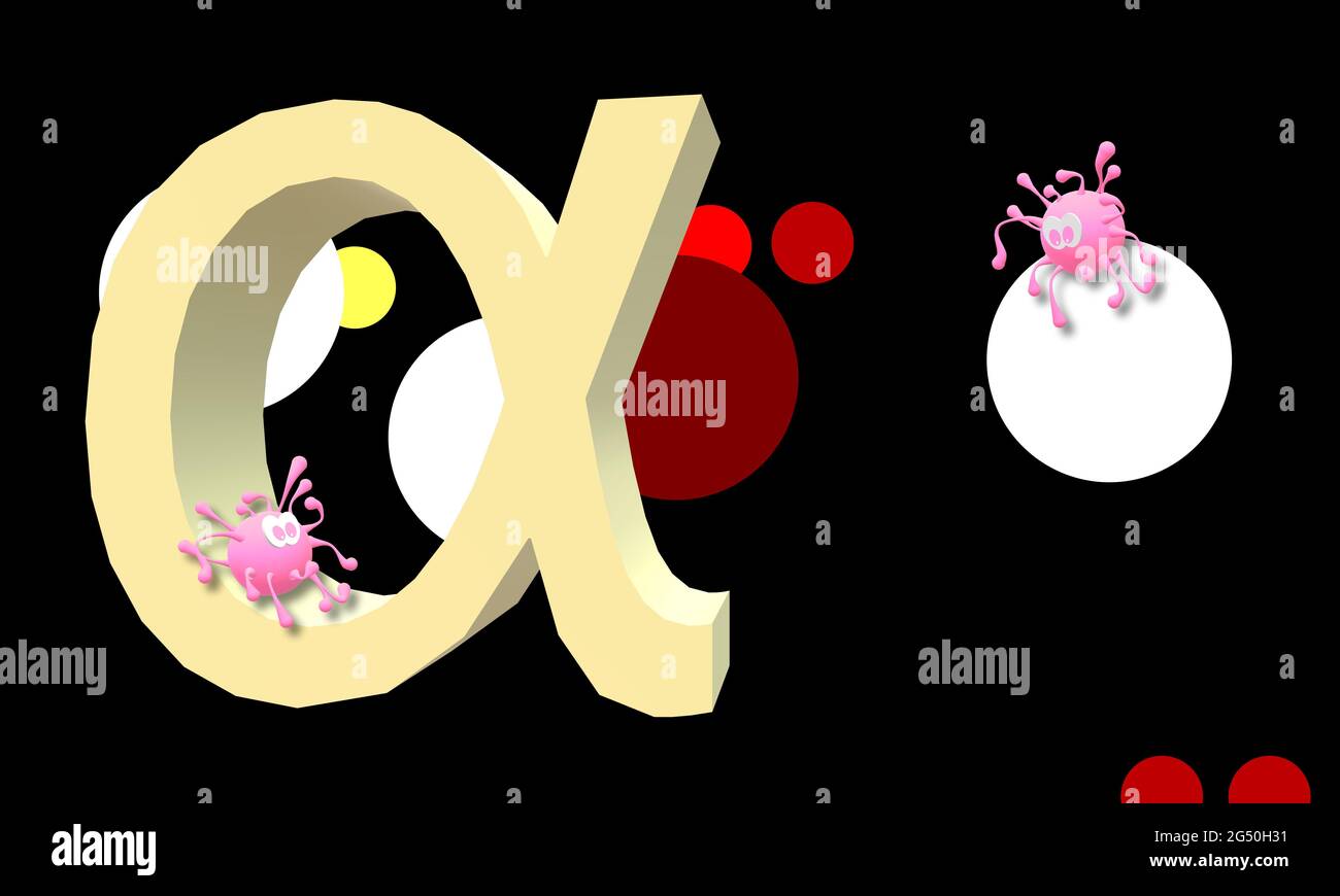 COVID-19 LINEA VARIANTE ALFA B.1.1.7, nuova minaccia pandemica. Crisi sanitaria globale. La prima lettera dell'alfabeto greco. Disegno simulato da virus. Foto Stock