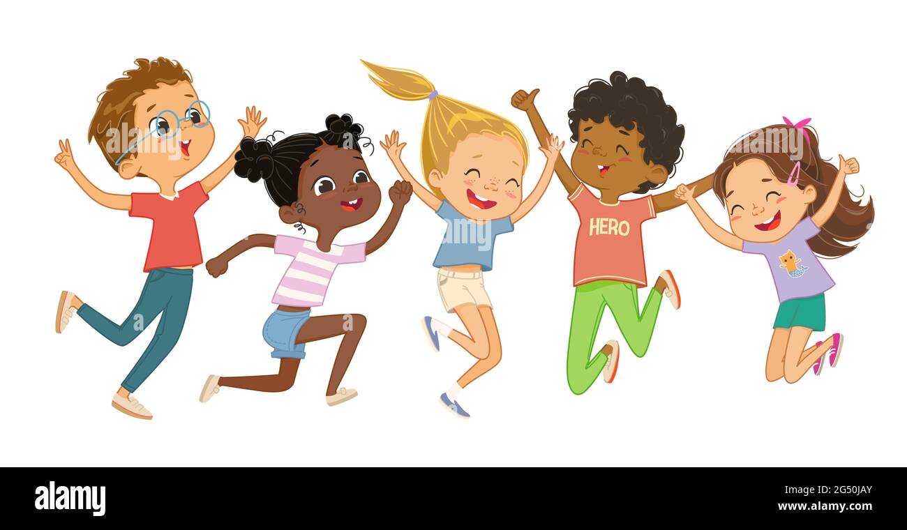 I ragazzi e le ragazze multiculturali giocano insieme, saltano felicemente e ballano. Concetto di divertimento e momenti vivaci dell'infanzia. Illustrazioni vettoriali. Illustrazione Vettoriale