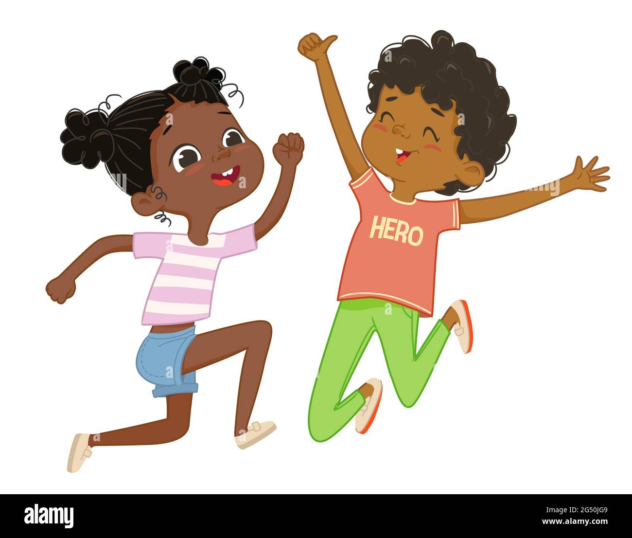 Il ragazzo e la ragazza afro-americani giocano insieme, saltano e ballano felicemente. Concetto di divertimento e momenti vivaci dell'infanzia. Illustrazioni vettoriali. Illustrazione Vettoriale