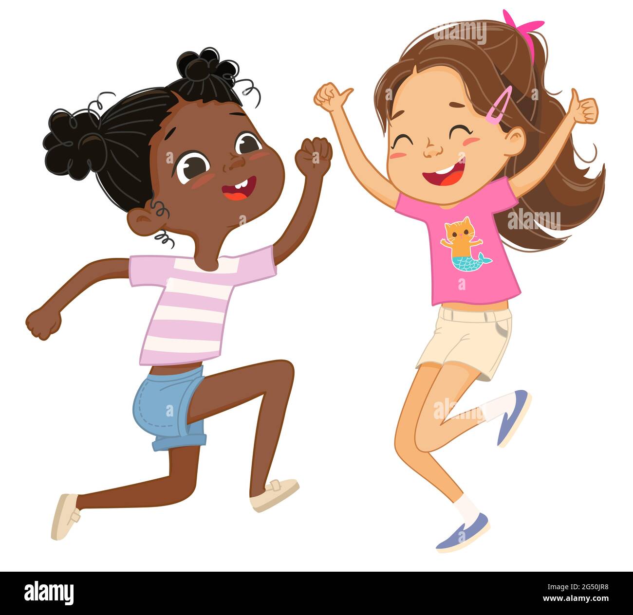 Due ragazze giocano insieme, saltano felicemente e ballano. Illustrazione Vettoriale