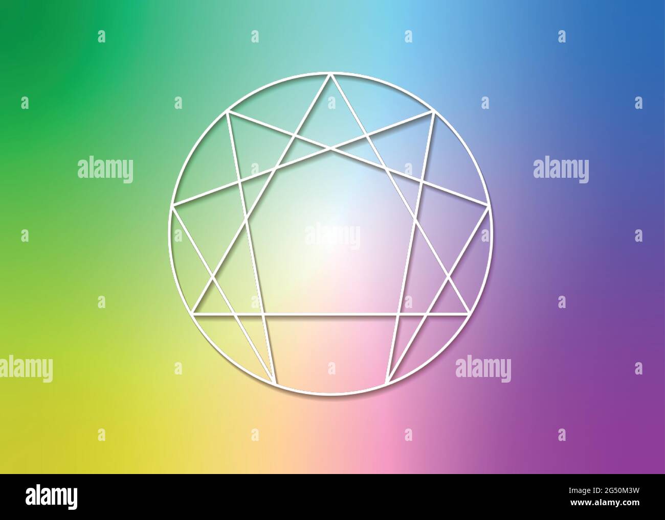 Icona Enneagram, geometria sacra, modello di logo del diagramma, illustrazione vettoriale universale dei simboli dell'energia isolata su sfondo a gradiente colorato Illustrazione Vettoriale