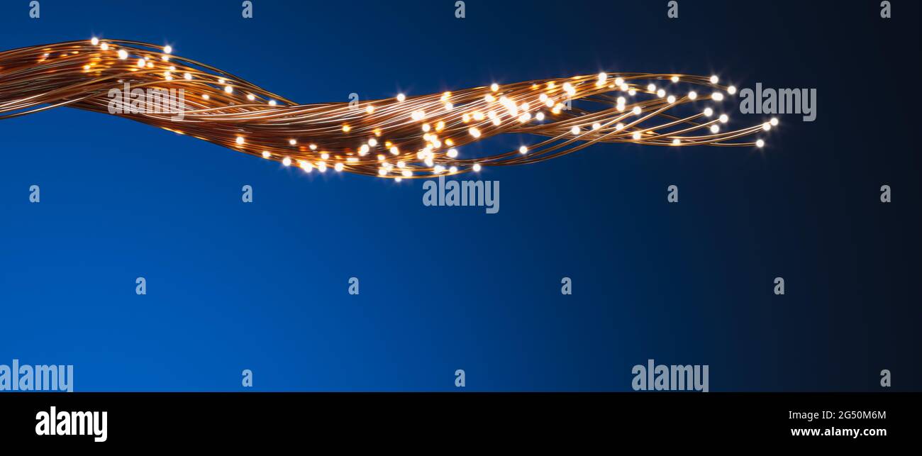 cavi in fibra ottica con terminazioni luminose. concetto di internet veloce, telecomunicazioni. rendering 3d. Foto Stock