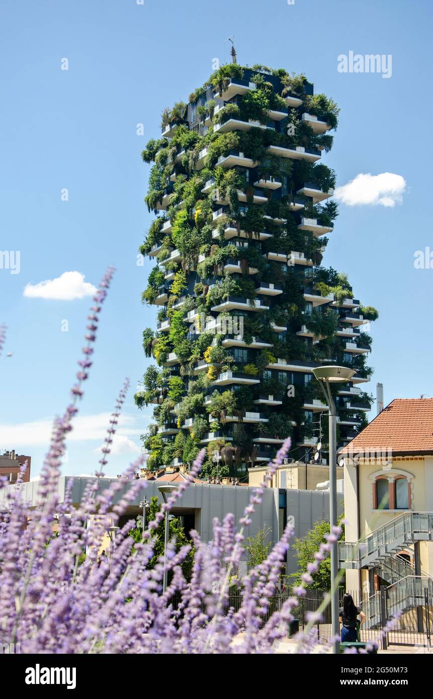 Bosco verticale, Foresta verticale, Milano, residenze grattacieli porta Nuova, Italia. Vista sui balconi e sulle terrazze Foto Stock