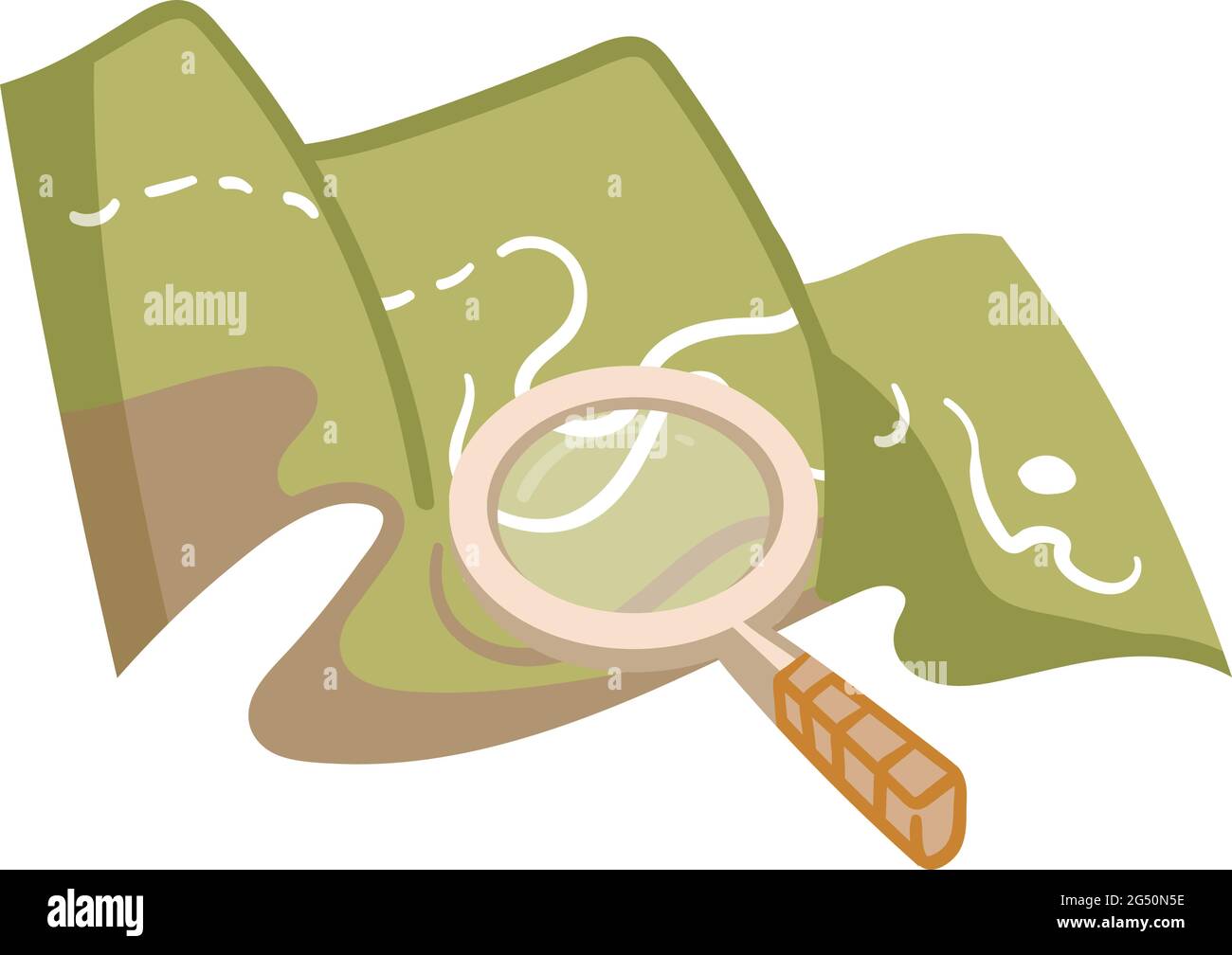 Mappa Verde del paesaggio cittadino con una lente di ingrandimento beige. Mappa del tesoro per Pirati e Smugglers. Illustrazione Vettoriale