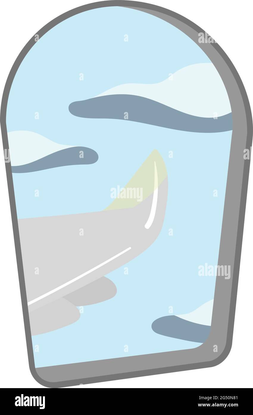 Vista finestra aereo dall'interno del piano. Guardando all'esterno l'ala dell'aeroplano, il cielo e le nuvole. Grafica vettoriale di viaggio. Viaggi per vacanza o lavoro. Illustrazione Vettoriale