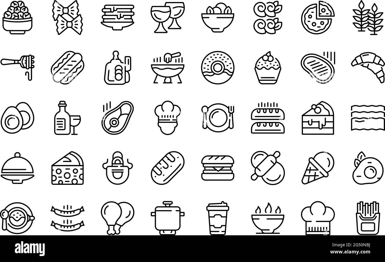 Set di icone della cucina francese. Contorno insieme di icone vettoriali della cucina francese per il web design isolato su sfondo bianco Illustrazione Vettoriale