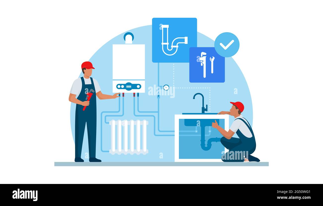 Idraulico professionale e tecnico di riscaldamento sul lavoro, stanno controllando la caldaia e l'impianto idraulico domestico Illustrazione Vettoriale