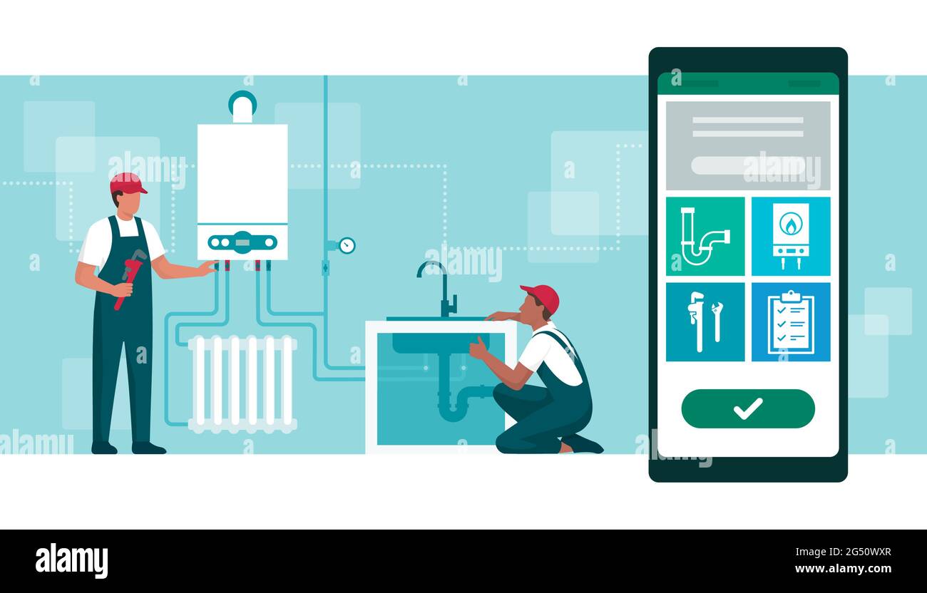 Prenota un idraulico online: Idraulico professionale e ingegnere del riscaldamento che controlla la caldaia e l'impianto idraulico domestico Illustrazione Vettoriale