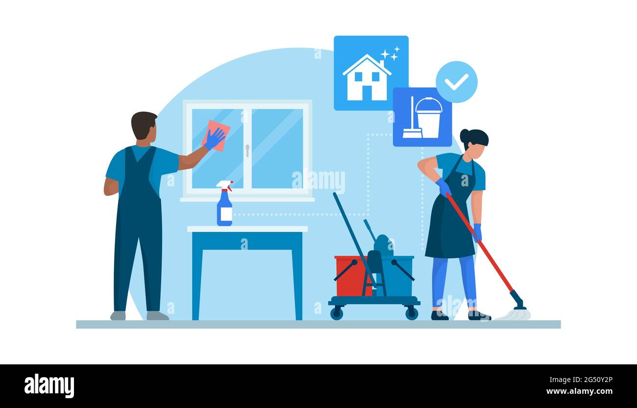 Servizio di pulizia professionale che lavora a casa, sono finestre e pavimenti di pulizia Illustrazione Vettoriale