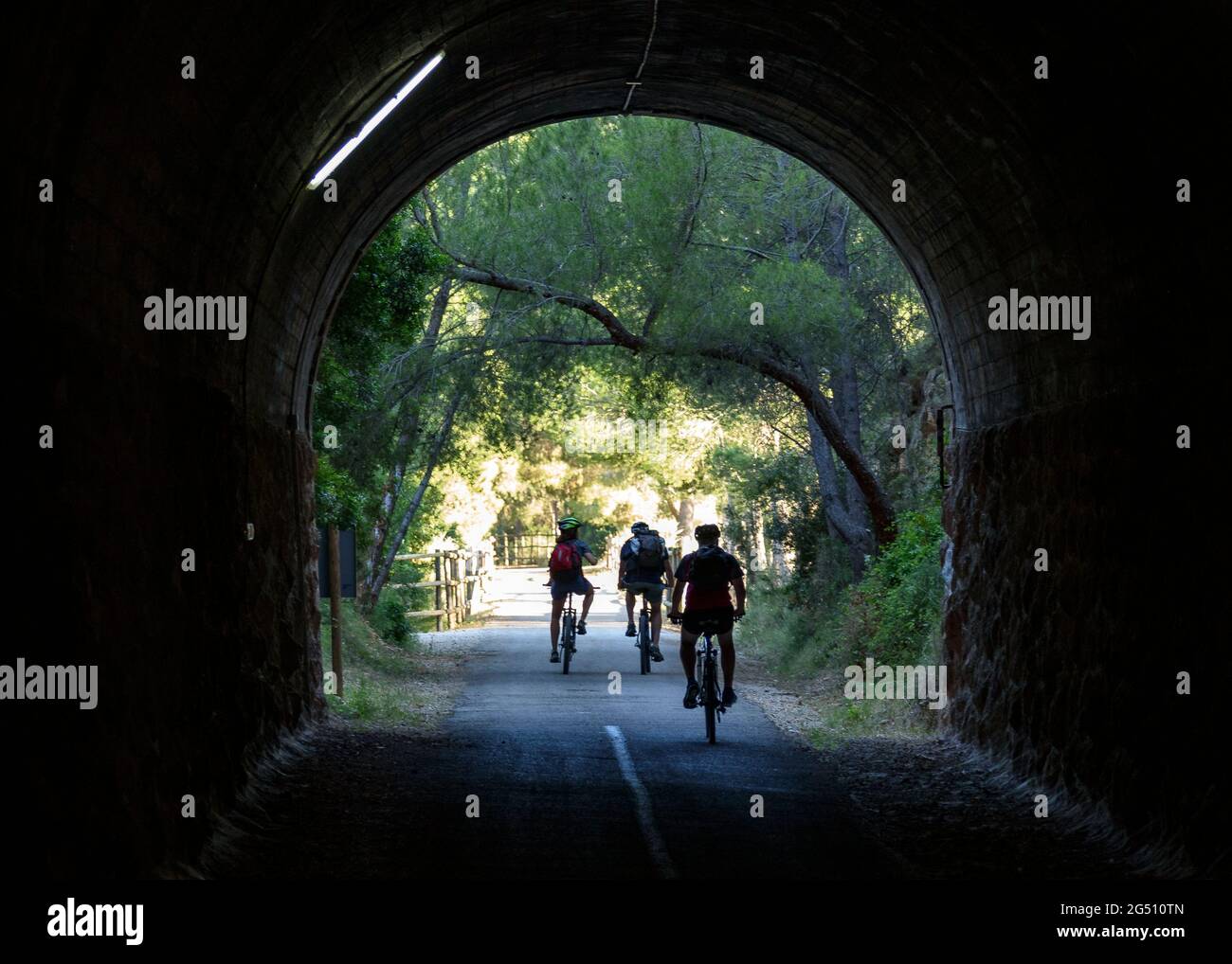 Pedalando sulla strada verde Val de Zafán tra Bot e i villaggi di Xerta (Tarragona, Catalogna, Spagna) ESP: Ciclismo en la Vía Verde de la Val de Zafán Foto Stock