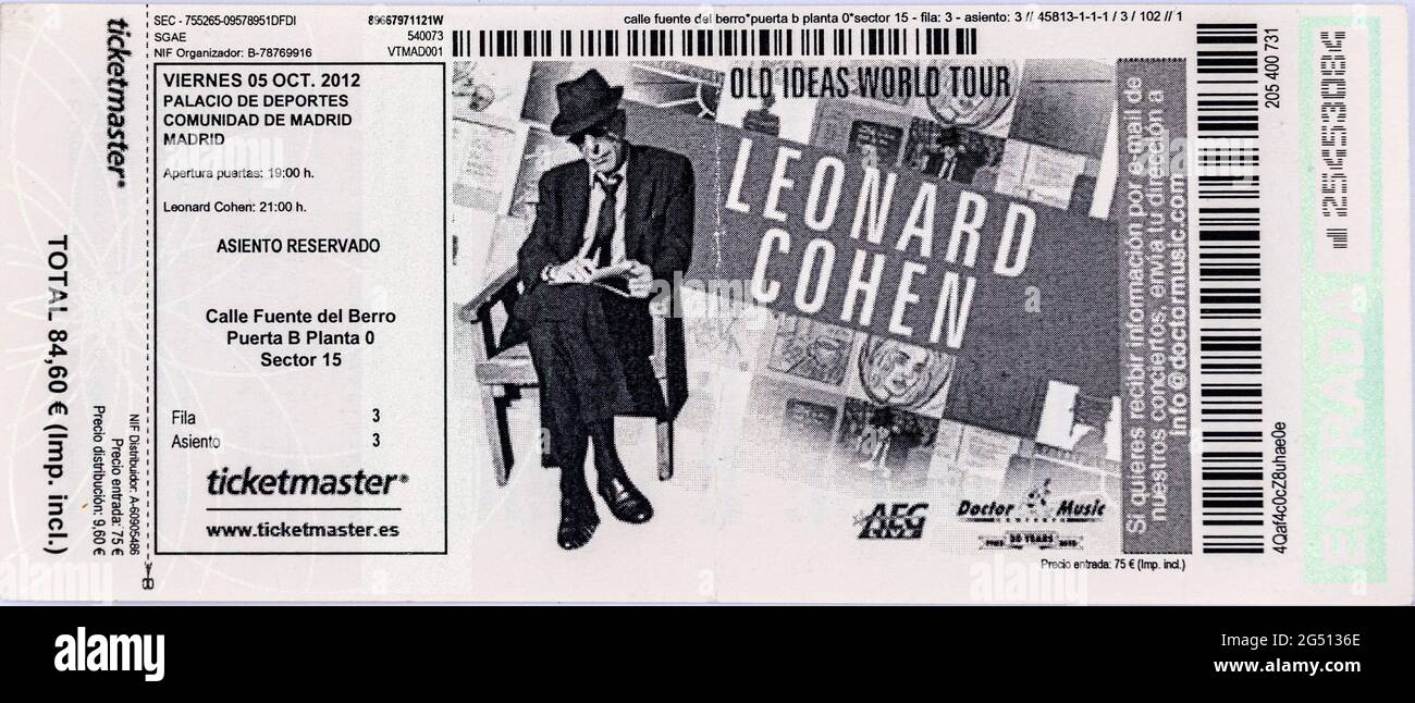 Leonard Cohen, ottobre 2012, Biglietti per concerti, cimeli di concerti musicali, Madrid, Spagna Foto Stock