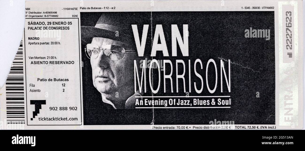 Van Morrison, gennaio 2005, Biglietti per concerti, cimeli di concerti musicali, Madrid, Spagna Foto Stock