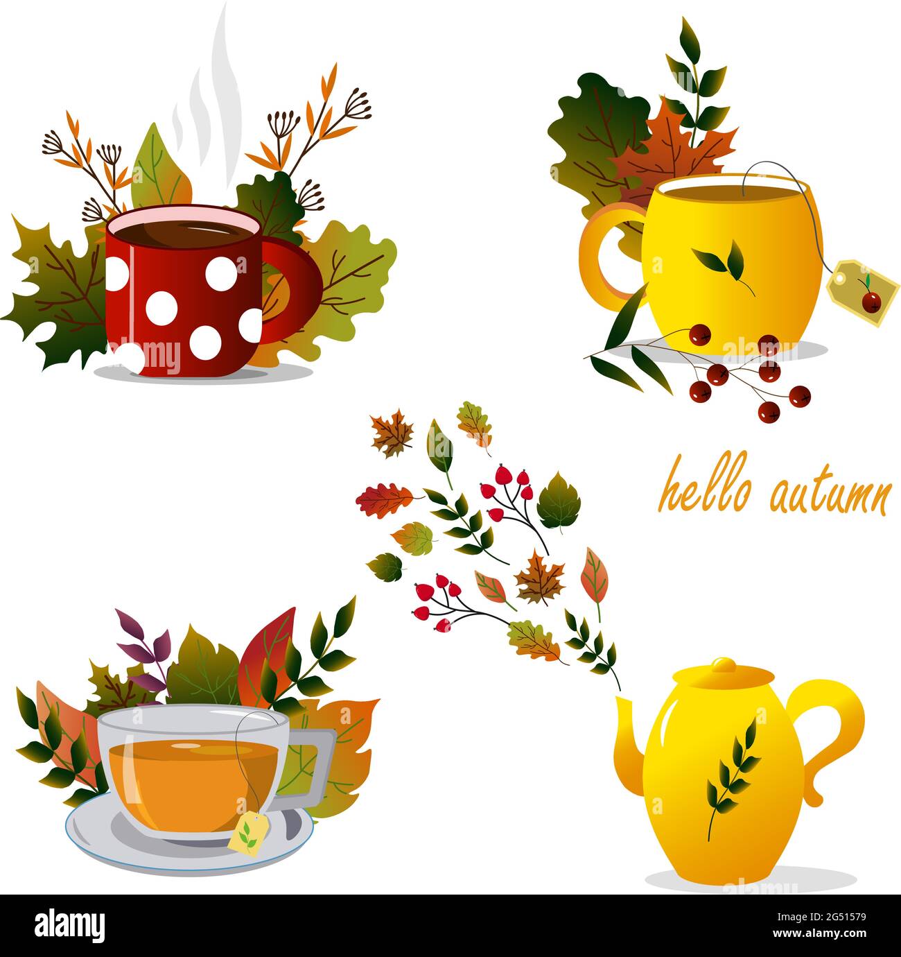 Set con tazze diverse, teiera e foglie d'autunno. Illustrazione vettoriale. Illustrazione Vettoriale