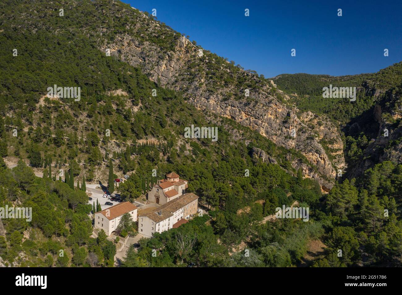 Dintorni del Santuario di Fontcalda e del fiume Canaletes (Terra alta, Catalogna, Spagna) ESP: Alrededores del Santuario de Fontcalda, Terra alta Foto Stock