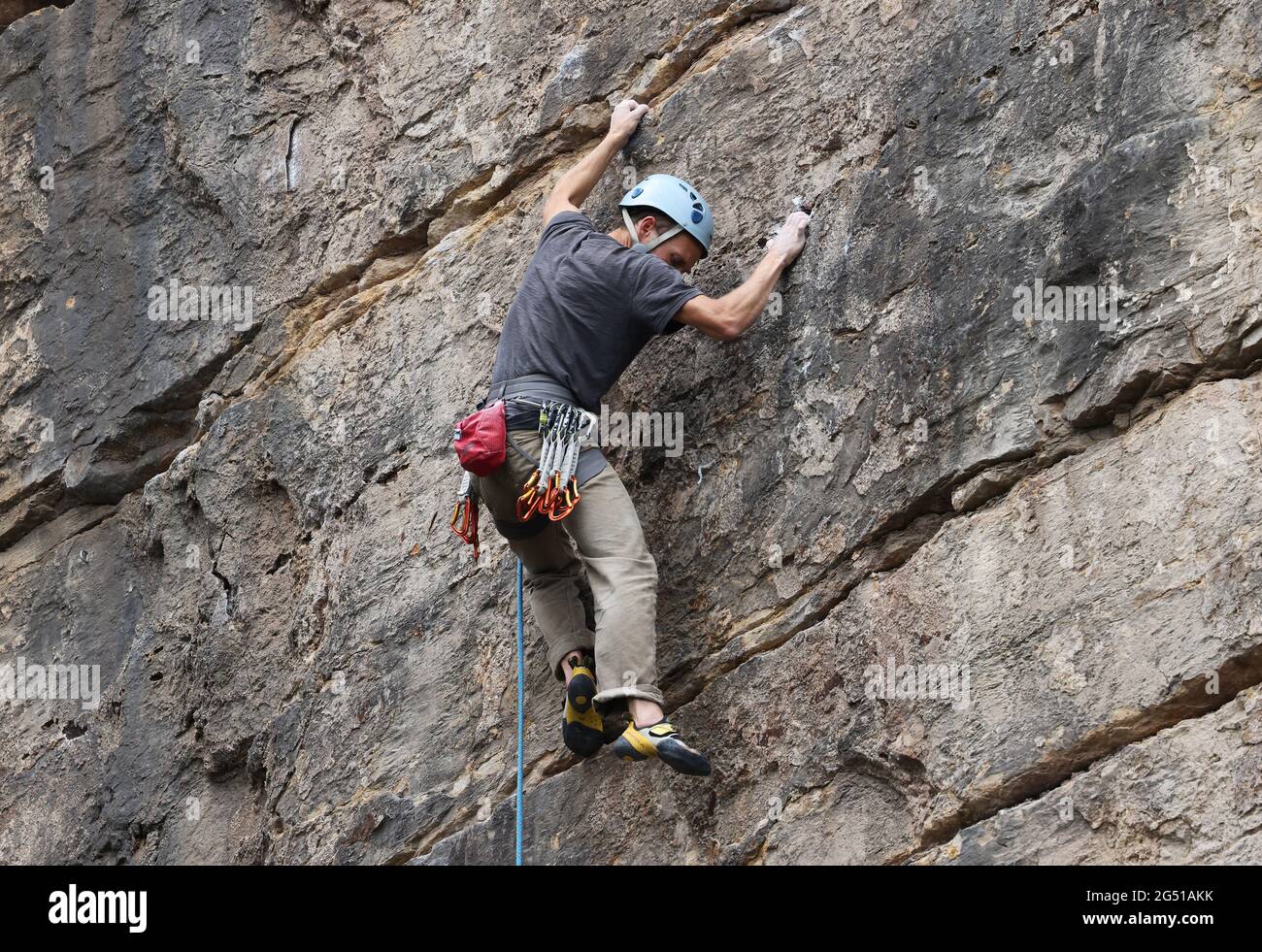 Arrampicata su roccia alla Riserva Naturale di Llanymynech Rock, Galles, giugno 2021 Foto Stock