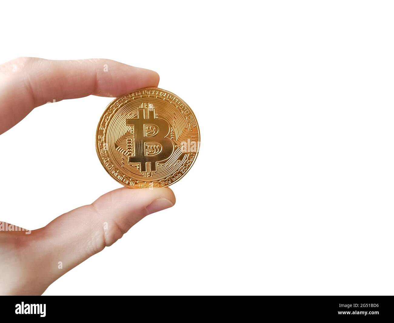 Bitcoin gettone in mano della donna isolato su sfondo bianco Foto Stock