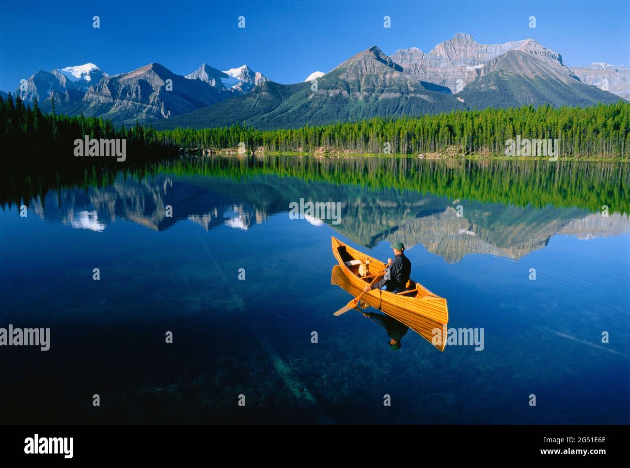 Uomo e cane in canoa nel lago Herbert, Banff National Park, Alberta, Canada Foto Stock