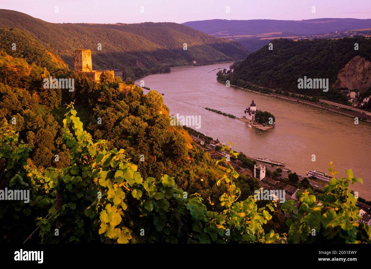 Castello di Gutenfels, Castello di Pfalzgrafenstein e il fiume Reno, Kaub, Renania-Palatinato, Germania Foto Stock