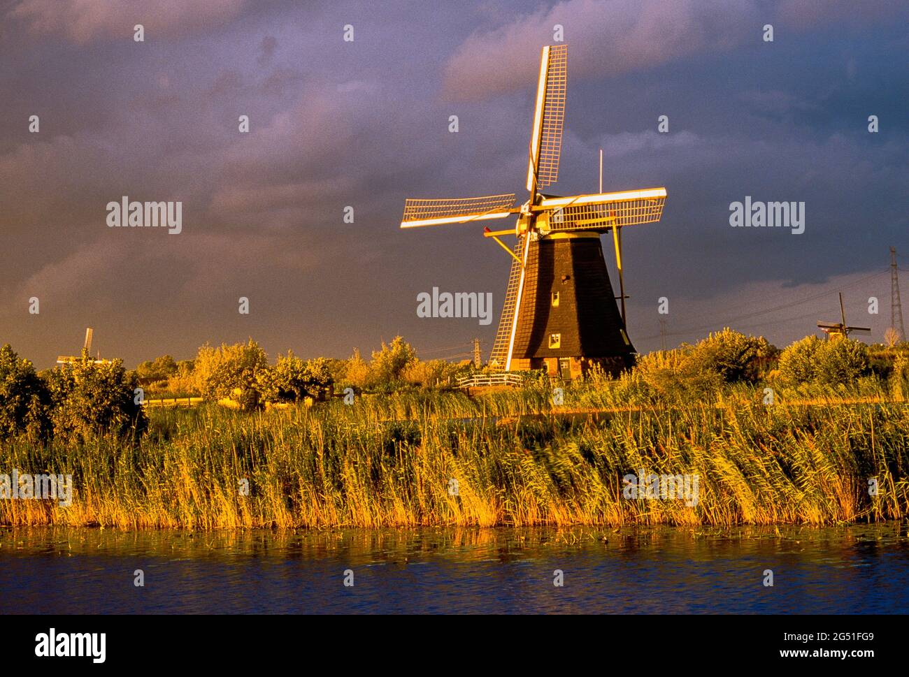 Mulino al tramonto, Kinderdijk, Olanda del Sud, Paesi Bassi Foto Stock