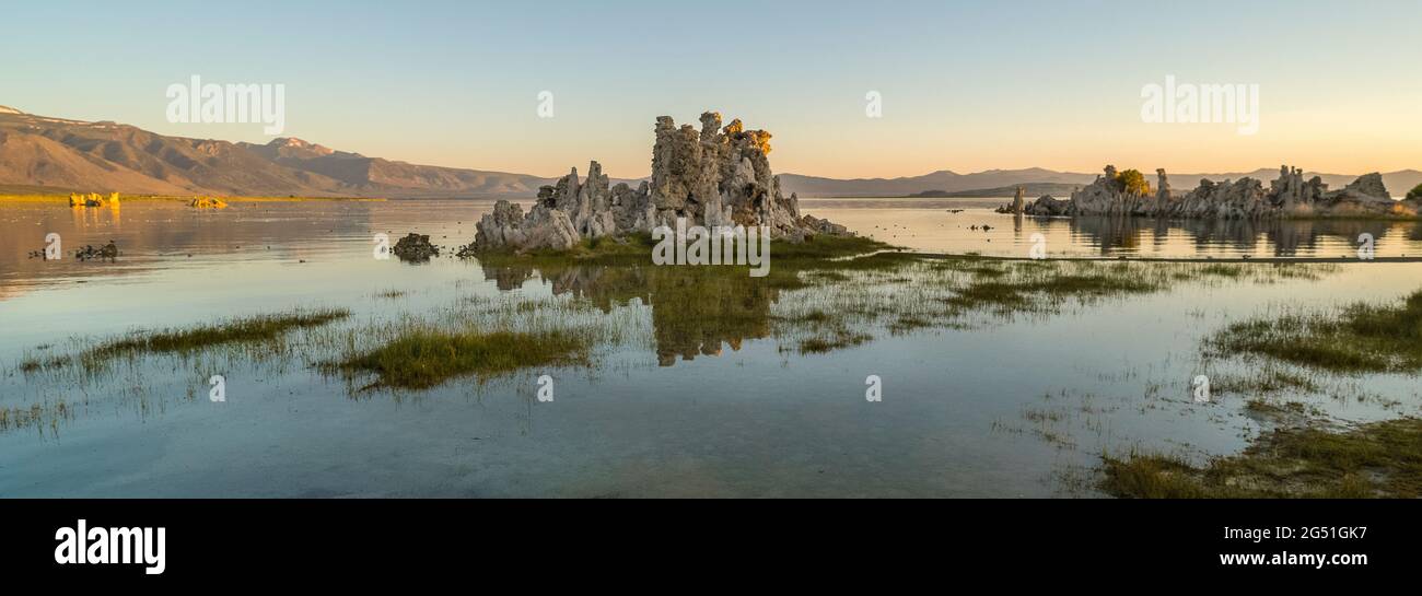 Torri di tufo all'alba, lago Mono, riserva naturale statale, contea di Mono, California, STATI UNITI Foto Stock