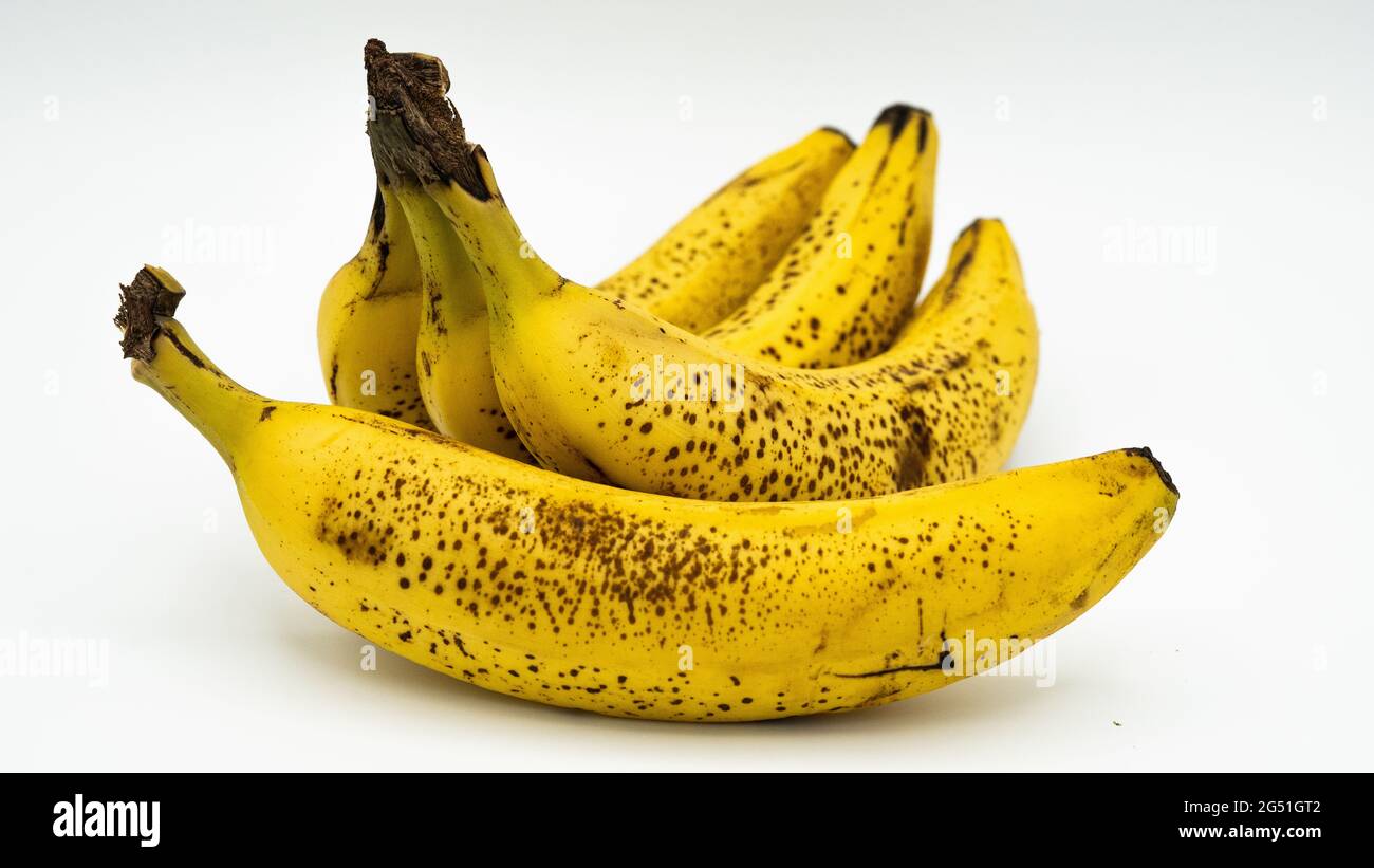 quattro banane marroni gialle su sfondo bianco Foto Stock