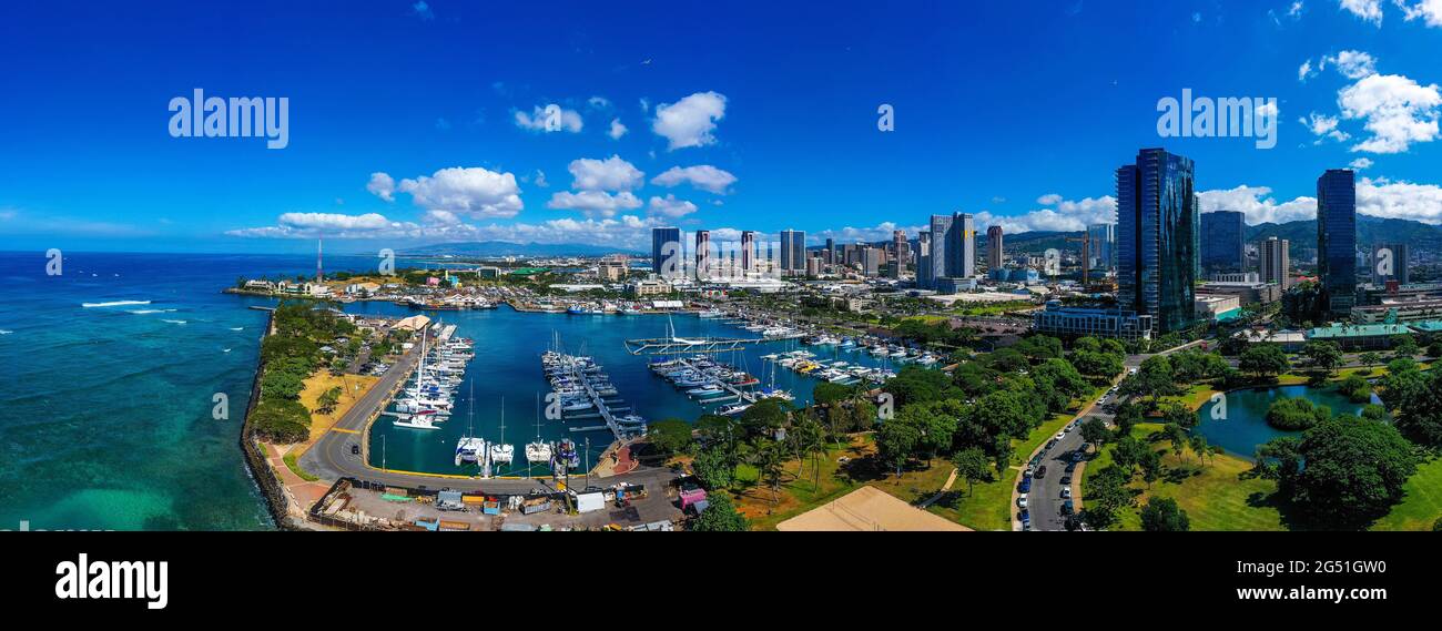 Vista panoramica di Ala Moana Beach Park, Honolulu, Hawaii, Stati Uniti Foto Stock