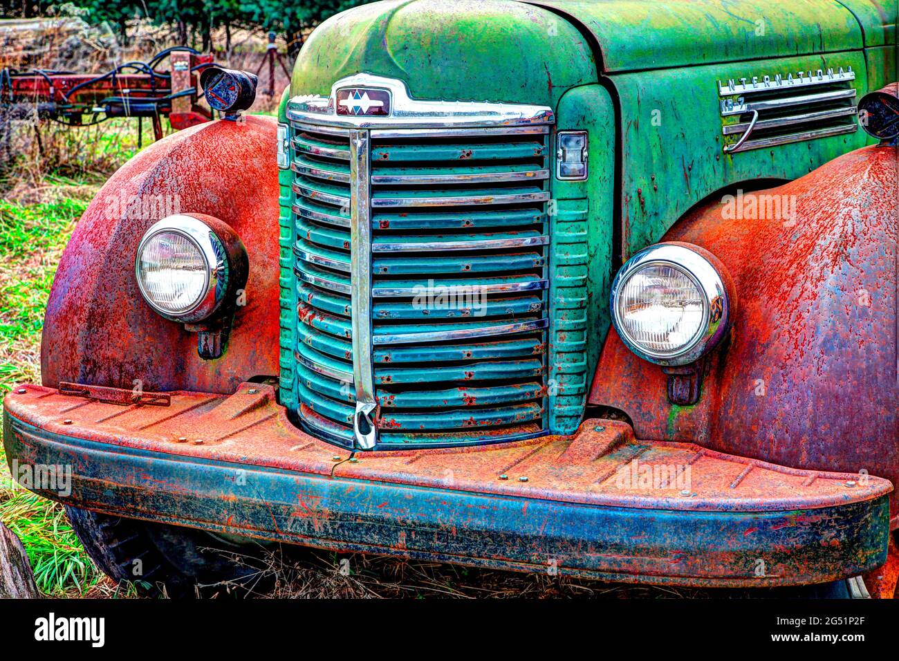 Dettaglio del vecchio camion arrugginito abbandonato, Oversiel, Michigan, USA Foto Stock