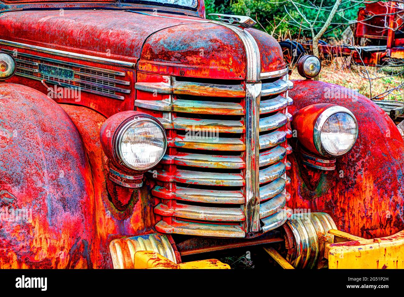 Dettaglio del vecchio camion arrugginito abbandonato, Oversiel, Michigan, USA Foto Stock