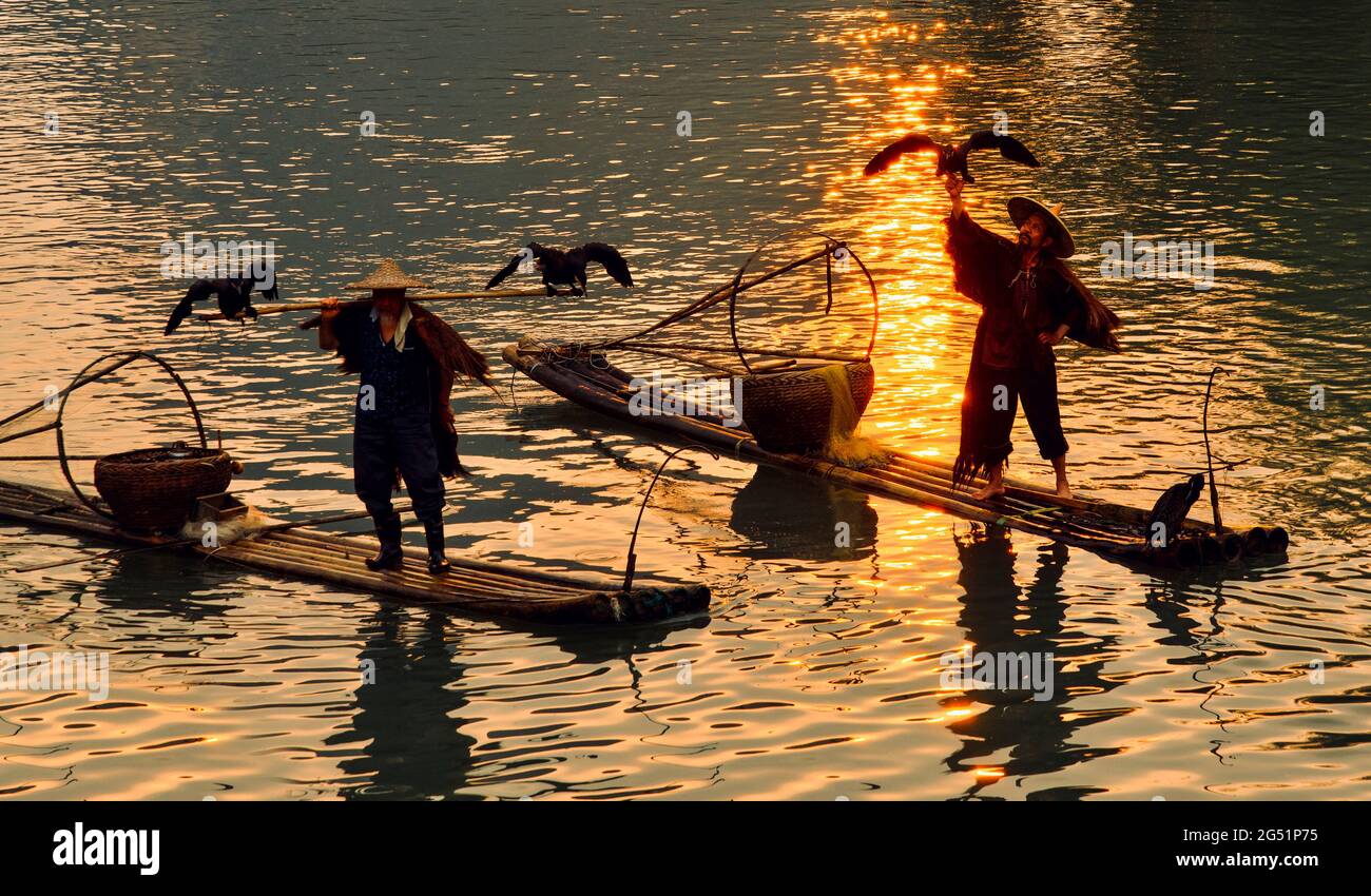 Pescatori con cormorani al tramonto, li River, Xingping, provincia di Shaanxi, Cina Foto Stock