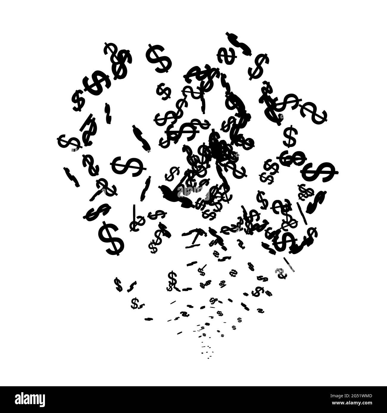 Flusso di silhouette di dollari isolati su sfondo bianco. Illustrazione vettoriale. Illustrazione Vettoriale