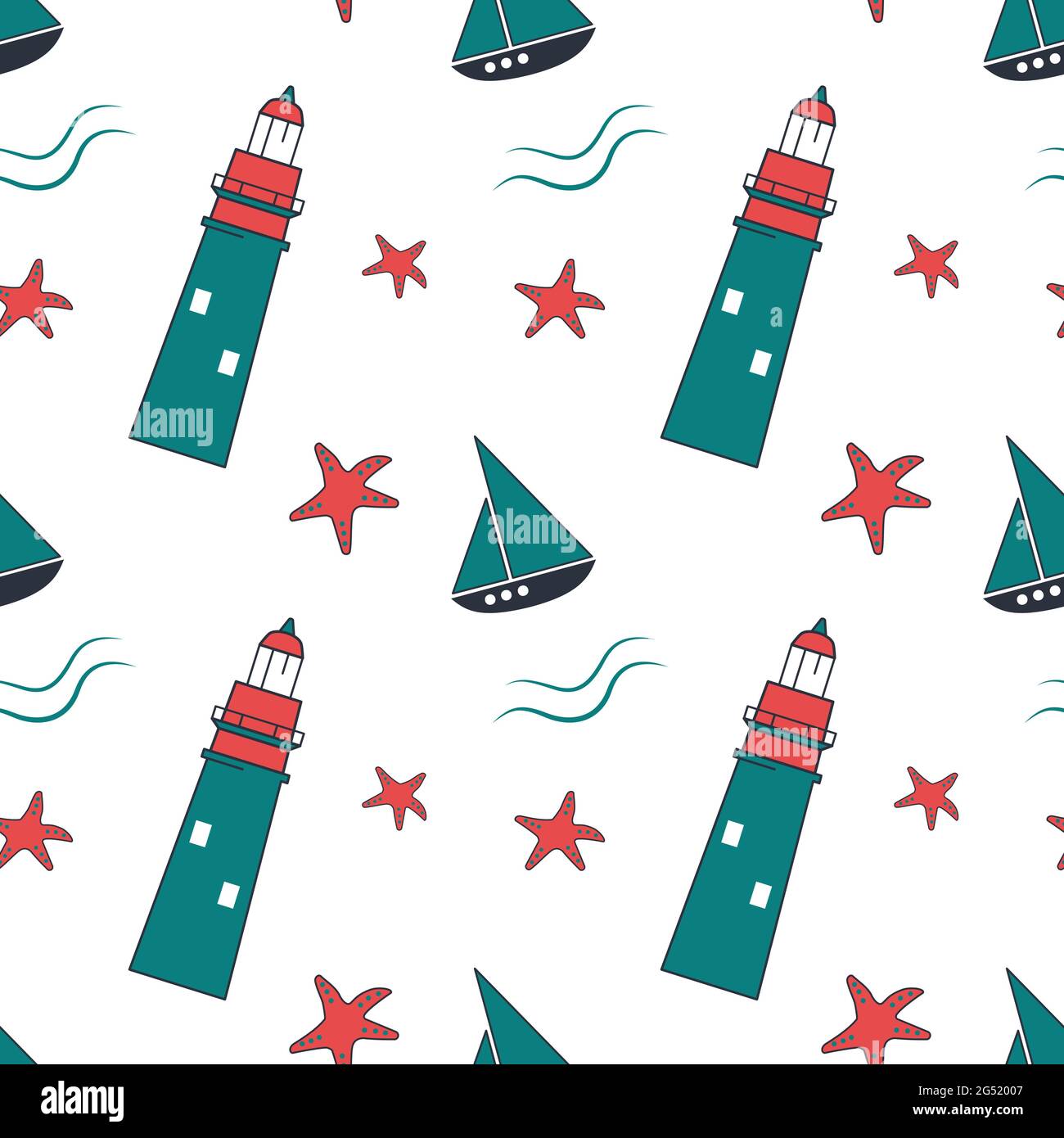 Modello marino estivo senza giunture con fari, stelle marine e navi su sfondo bianco Illustrazione Vettoriale