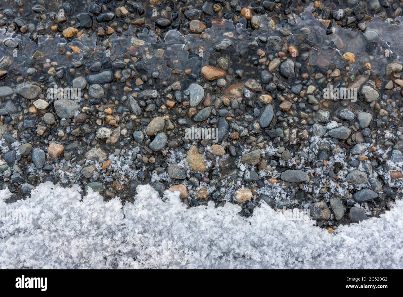 Un ghiaccio, ghiacciato inverno perdita costa con acque cristalline e rocce sotto la costa. Preso nel Canada del nord durante la stagione fredda gelida. Foto Stock