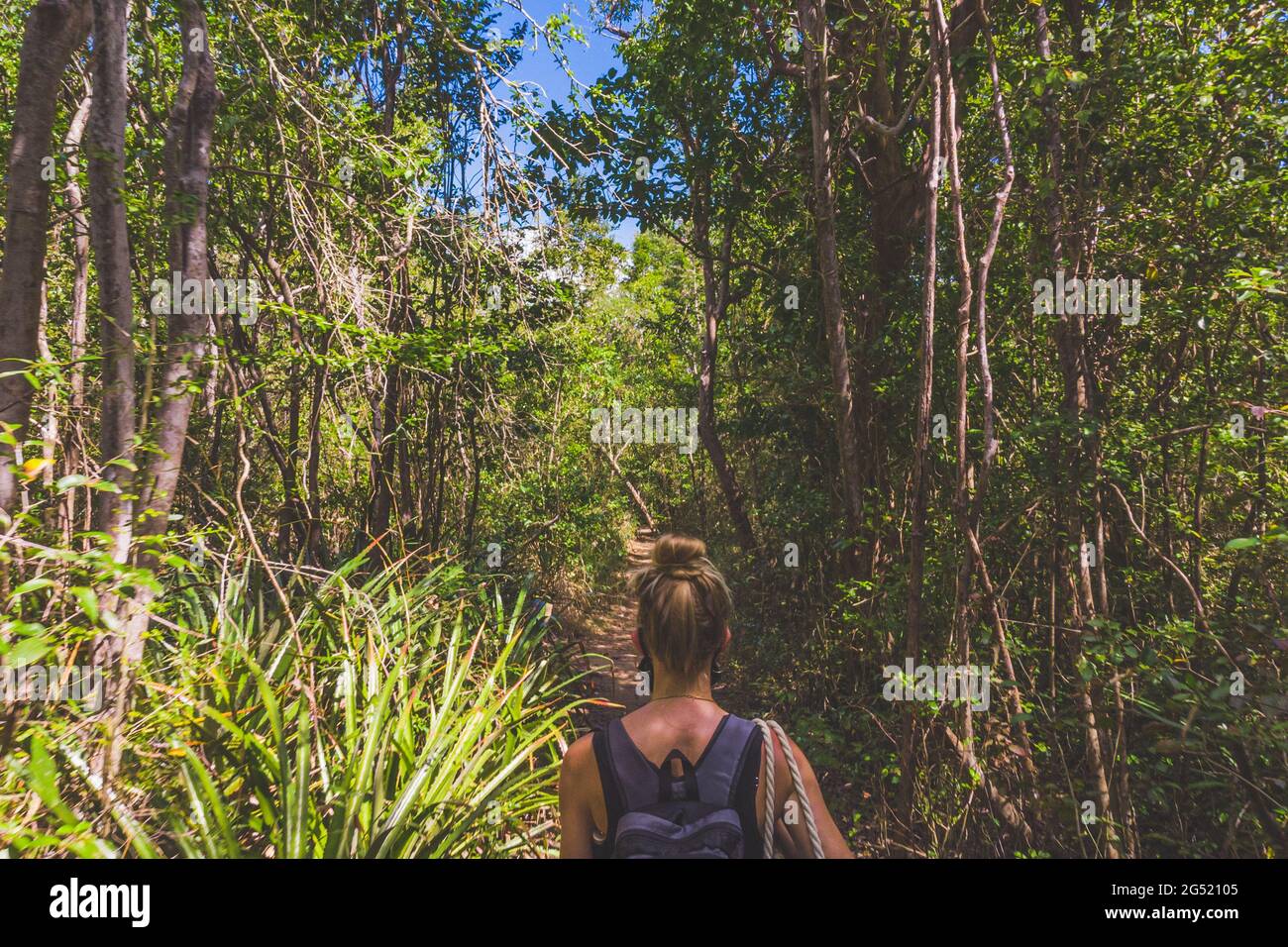 Donna che cammina attraverso il percorso tropicale della foresta da dietro Foto Stock