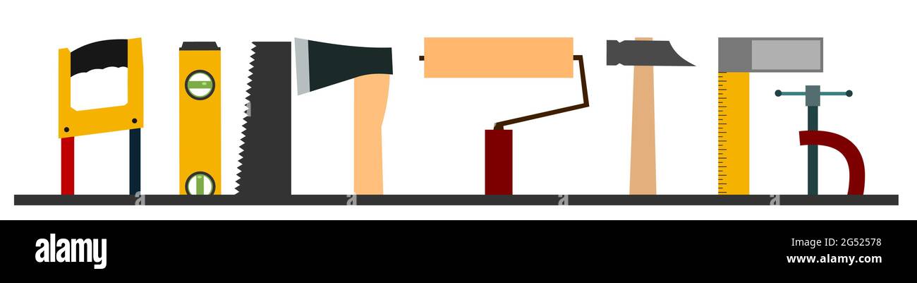 Utensili da costruzione. Logo, etichetta. Telaio inferiore. Per lavori come pittore, falegname, costruttore, artigiano. Servizi di riparazione e costruzione. Vendita di attrezzi. Illustrazione Vettoriale