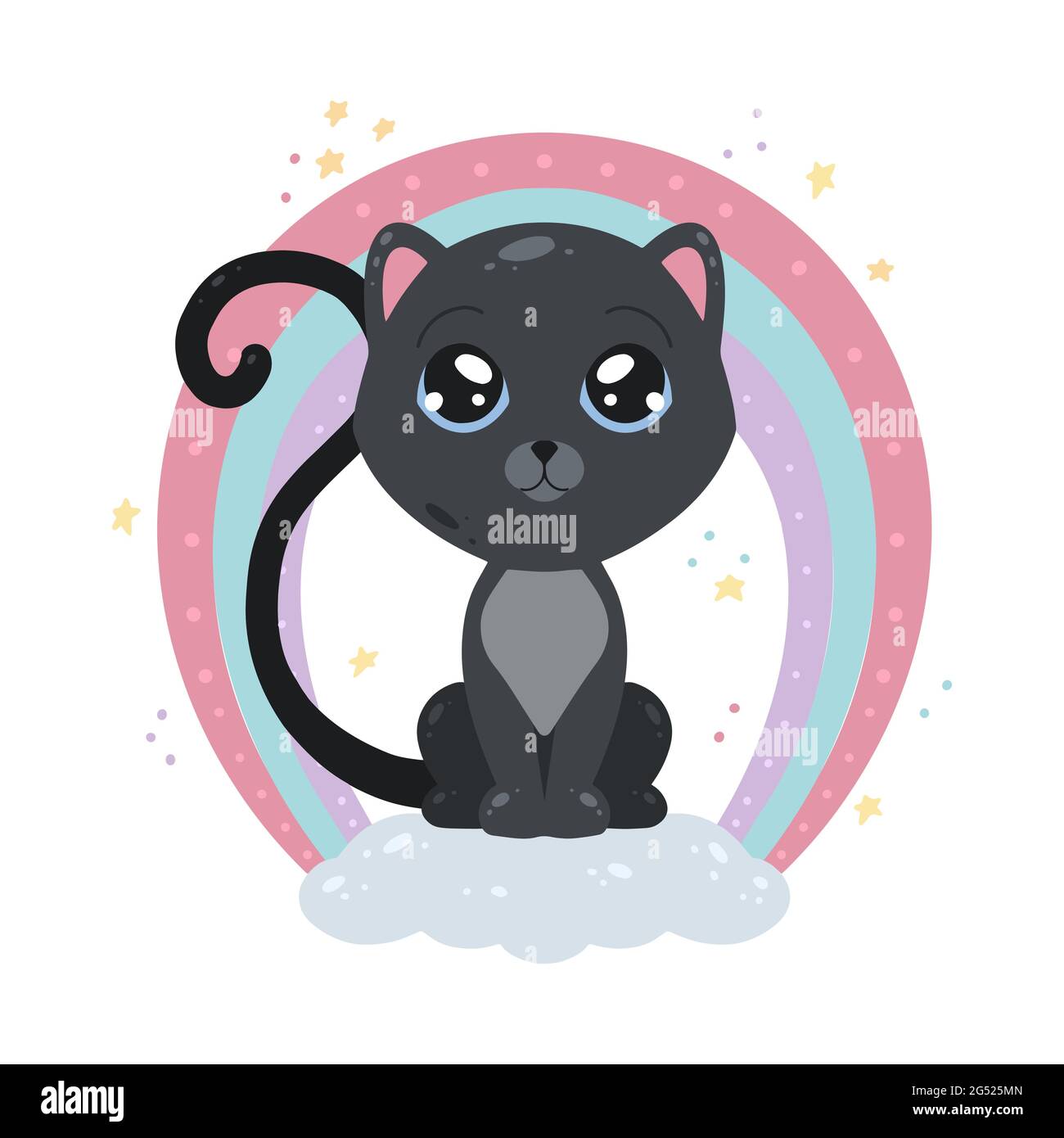 Cute illustrazione infantile di un gatto nero su una nuvola con un arcobaleno e stelle. Immagine piatta di un gattino per cartoline. Sogni dolci. Animalisti vettoriali Illustrazione Vettoriale