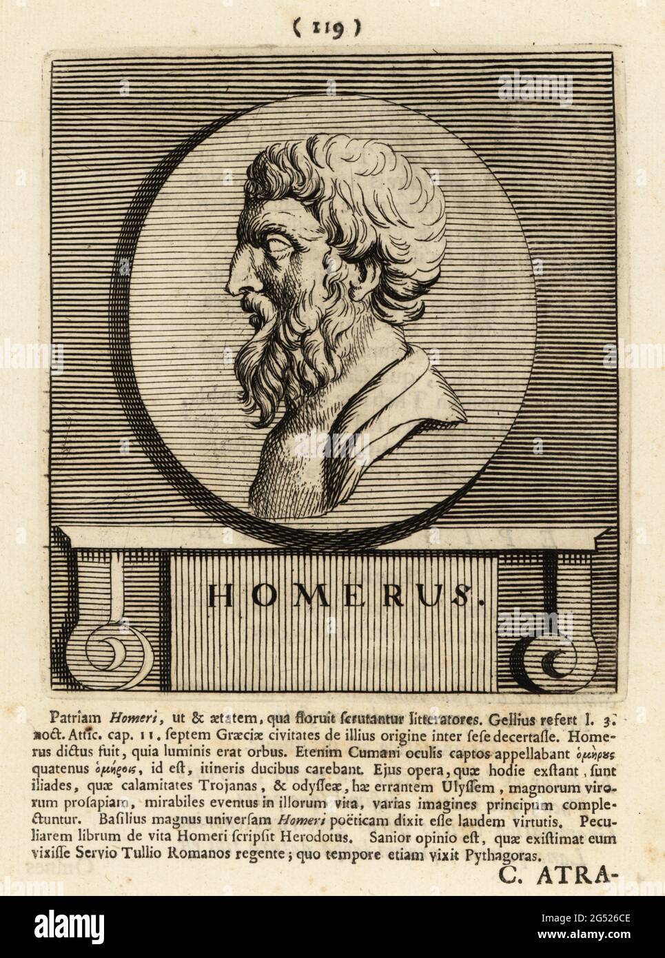 Omero, poeta greco, presunto autore dell'Iliade e dell'Odissea, due poesie epiche che sono le opere fondanti della letteratura greca antica. Homerus. Incisione su copperplate di Pieter Bodart (1676-1712) da Henricus Spoor's Deorum et Heroum, virorum et mulierum Illustrium imagines Antiquae Illustatae, dei ed Eroi, uomini e Donne, Illustrated with Antique Images, Petrum, Amsterdam, 1715. Pubblicato per la prima volta come Favissæ utriusque antiquitatis tam Romanæ quam Græcæ nel 1707. Henricus Spoor era un medico olandese, studioso di musica classica, poeta e scrittore, fl. 1694-1716. Foto Stock