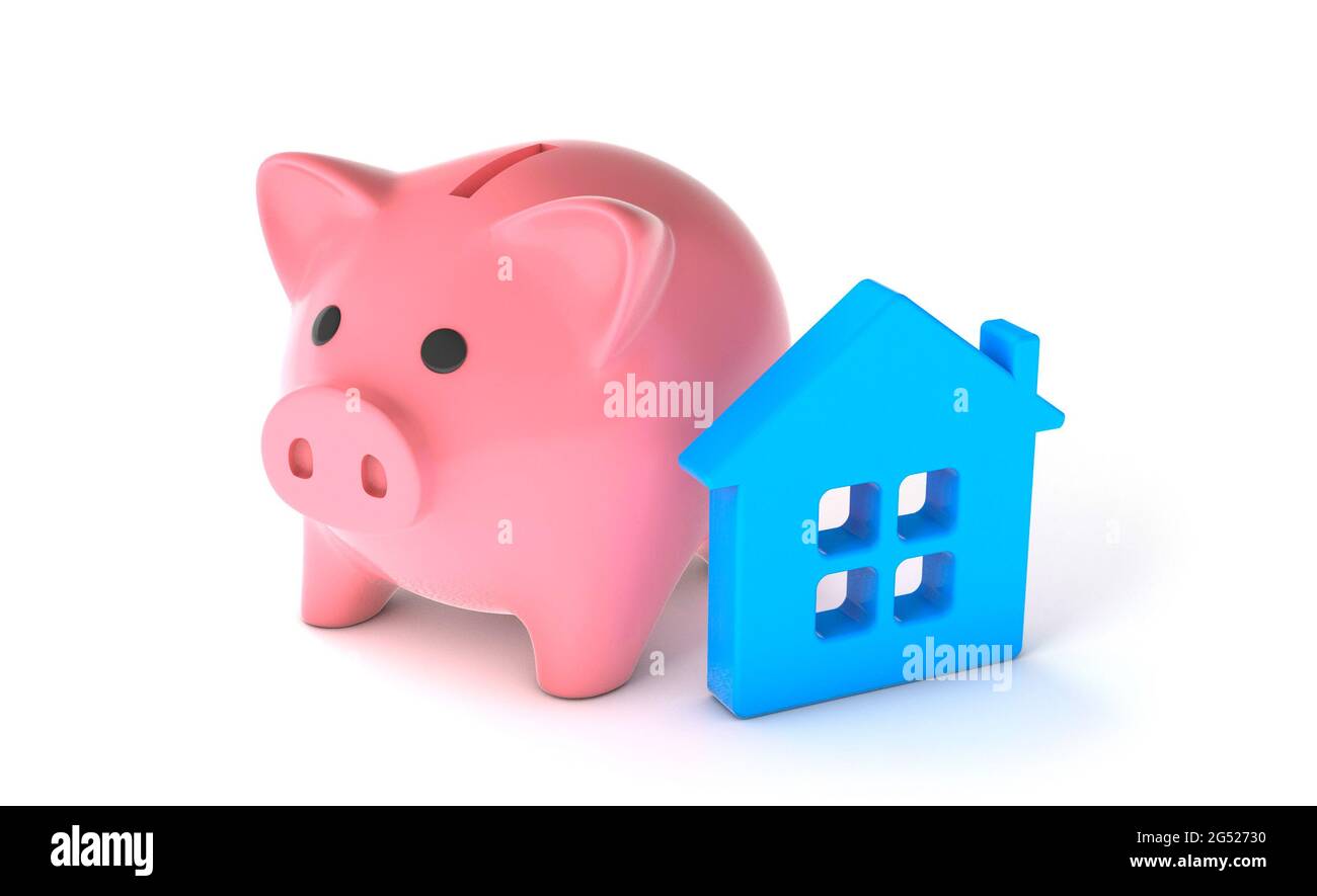 Pink piggy bank e blu casa su uno sfondo bianco isolato. Il concetto di risparmio per una casa o un acquisto riuscito di bene immobile. rendering 3d. Foto Stock