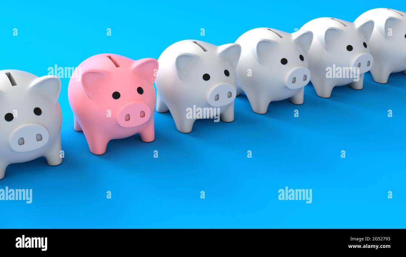 Leader di banca piggy. Banchi di piggy bianchi e una banca di piggy rosa. Sfondo blu. rendering 3d. Foto Stock
