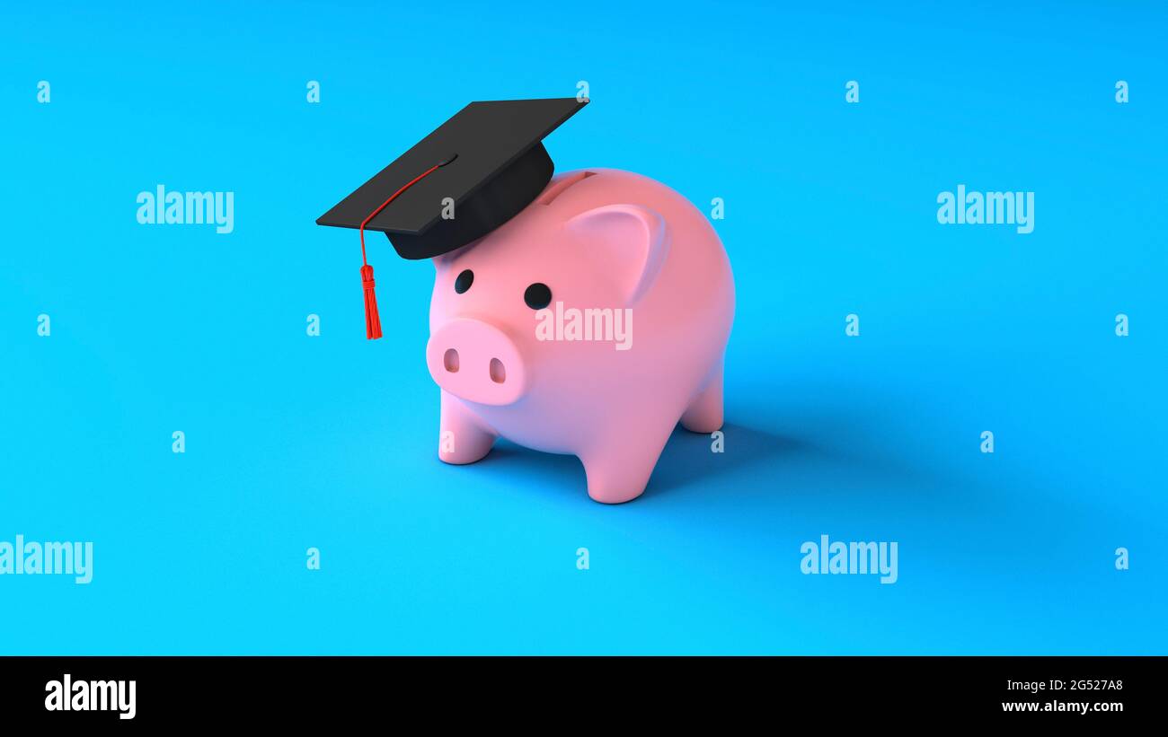 Istruzione costosa. Una banca di porcellini in un cappello di un laureato su sfondo blu. Risparmi per l'istruzione. rendering 3d. Foto Stock