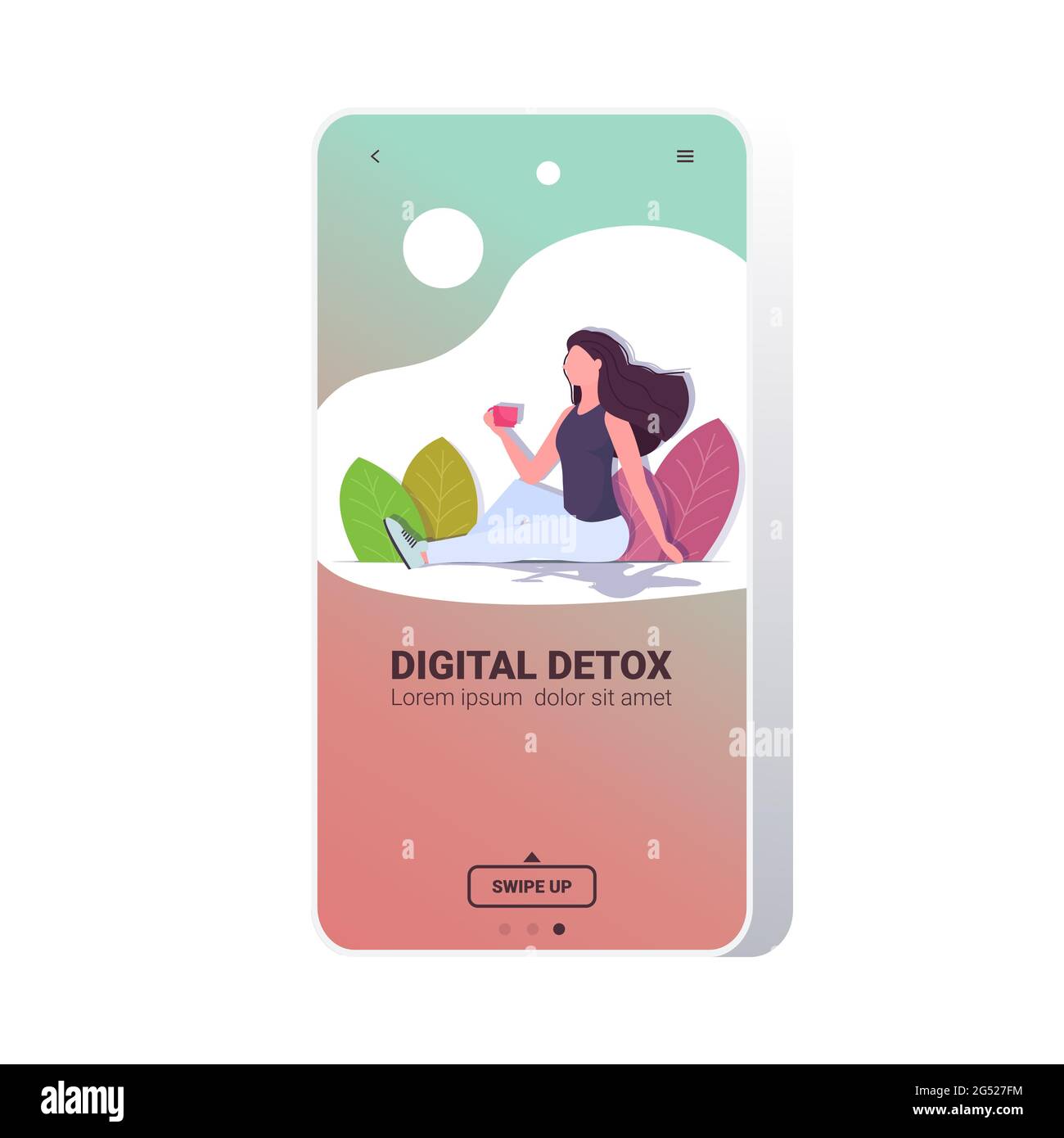 donna che beve caffè rilassandosi all'aperto digital detox concept ragazza che abbandona i social network Illustrazione Vettoriale