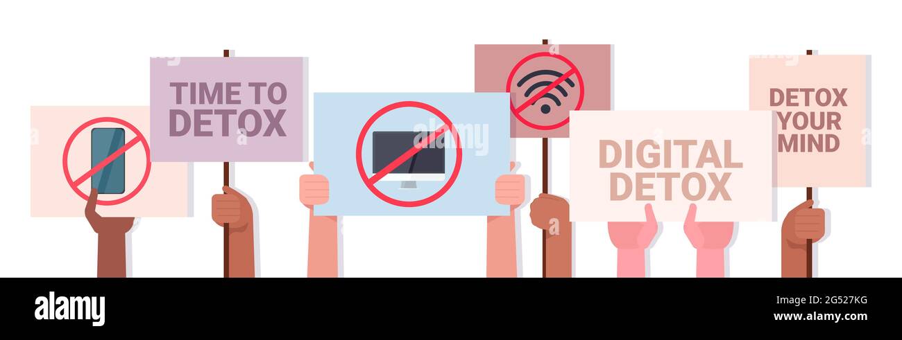 mix di attivisti di gara mani che tengono poster con gadget in rosso proibizionismo segni digitale detox concetto Illustrazione Vettoriale