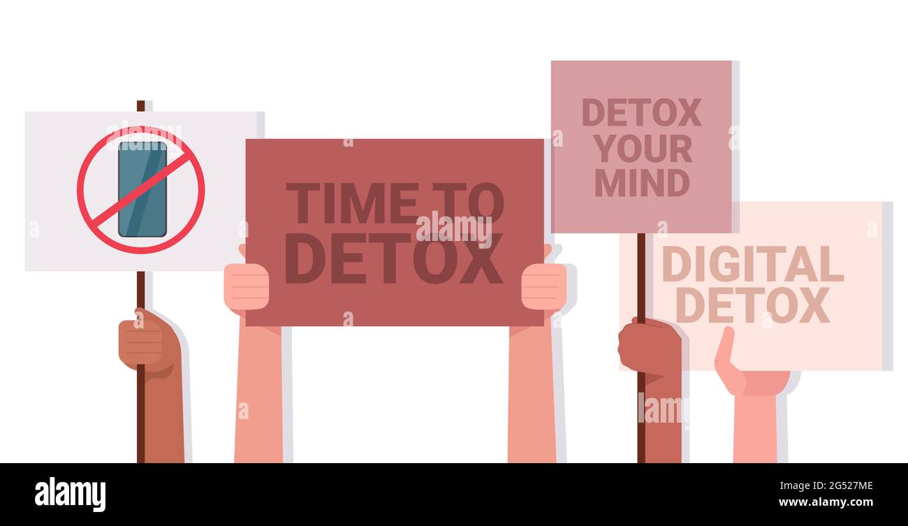 mix di attivisti di gara mani che tengono poster con gadget in rosso proibizionismo segni digitale detox concetto Illustrazione Vettoriale