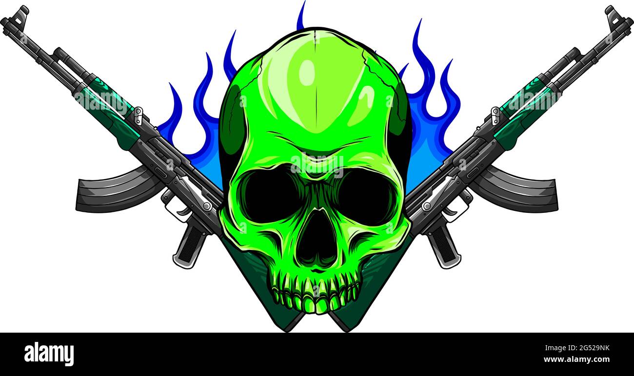 Cranio vettoriale con mitragliatrici Kalashnikov AK-47. Illustrazione Vettoriale
