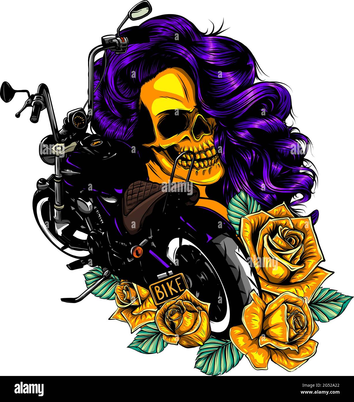 Illustrazione vettoriale Moto con cranio donna e rose Illustrazione Vettoriale