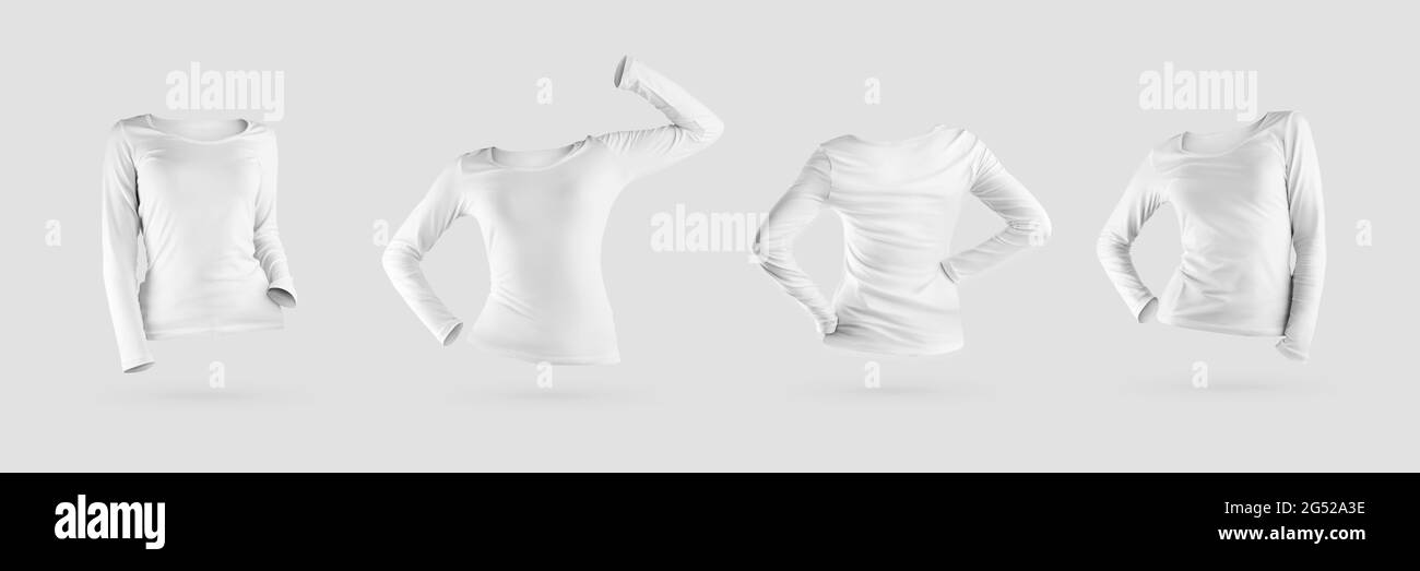 Mockup di una felpa bianca a manica lunga femmina, rendering 3D, isolato su sfondo. Modello pullover moda con intaglio, per la presentazione di desi Foto Stock