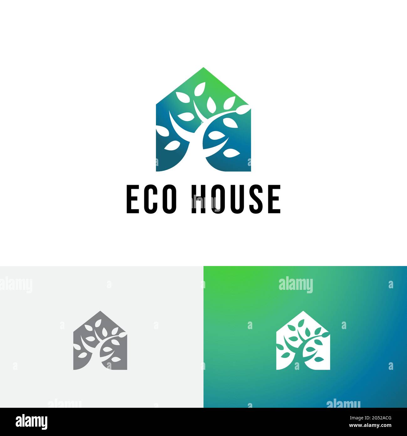 Eco Green House Tree foglie natura bene immobile Logo Illustrazione Vettoriale