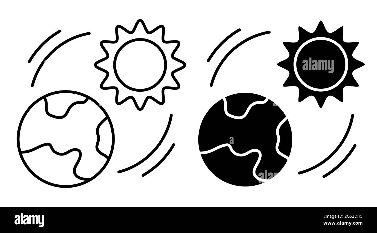 Il sole splende sull'icona lineare della Terra. Stagioni in evoluzione sul pianeta. Riscaldamento globale. Aumento della temperatura ambiente. Semplice vettore in bianco e nero Illustrazione Vettoriale