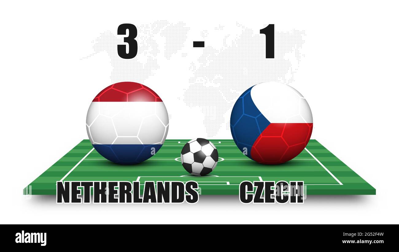 Paesi Bassi e Repubblica ceca . Palla di calcio con bandiera nazionale modello sul campo di calcio prospettiva . Punti mondo sfondo mappa . Risultato della partita di calcio e sc Illustrazione Vettoriale