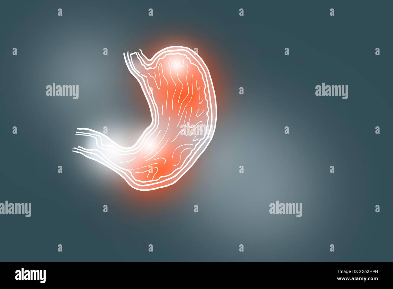 Illustrazione Handrawn dello stomaco umano su sfondo grigio scuro. Set medico-scientifico con i principali organi umani con spazio di copia vuoto per il testo Foto Stock